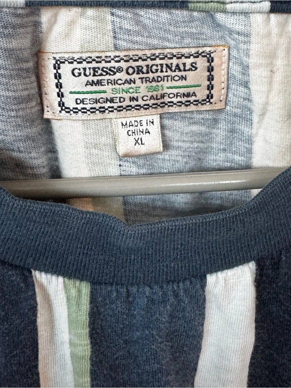 Vintage Guess Navy, White, Green, & Yellow Striped Tee - Picture 4 of 4